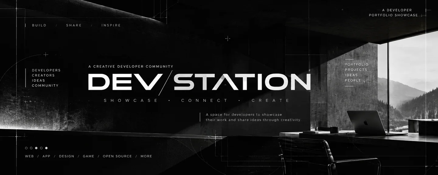 DEV/STATION developer showcase banner in a monochrome studio overlooking the mountains.